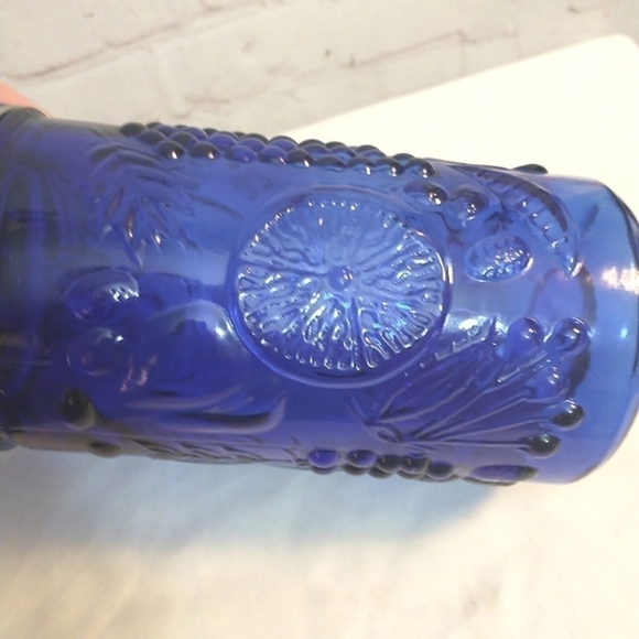 Vintage Cobalt Blue Glass Fruit Embossed Canister with Metal Hinged Lid 7.75" - Picture 6 of 10